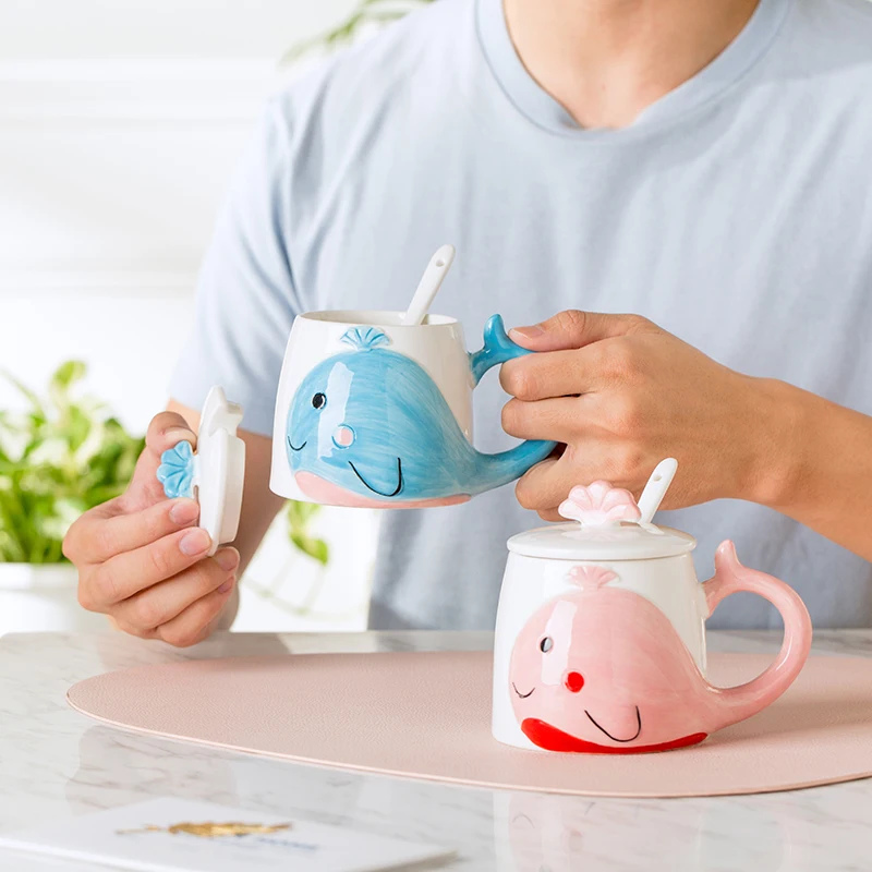 Chinese Style Ceramic Cute Whale Pattern Tea Mugs, Home Personal Office Creative With Cover, Milk Water Coffee Cup, 400 ml , 1Pc