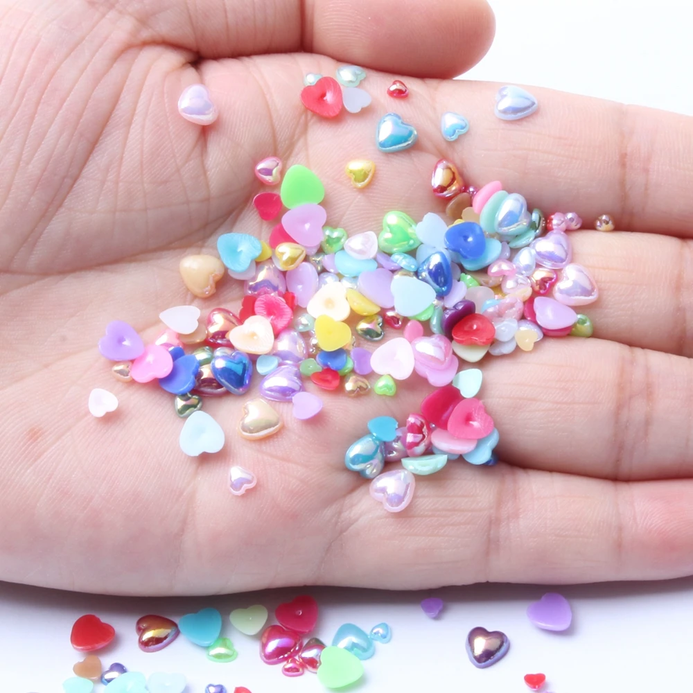 

Hot Sale Semi-Pearl Flat Back Imitation Heart Mixed Model Small Bag 3-6mm 10g 500pcs Resin Pearl AB Super Shiny Nail Decoration