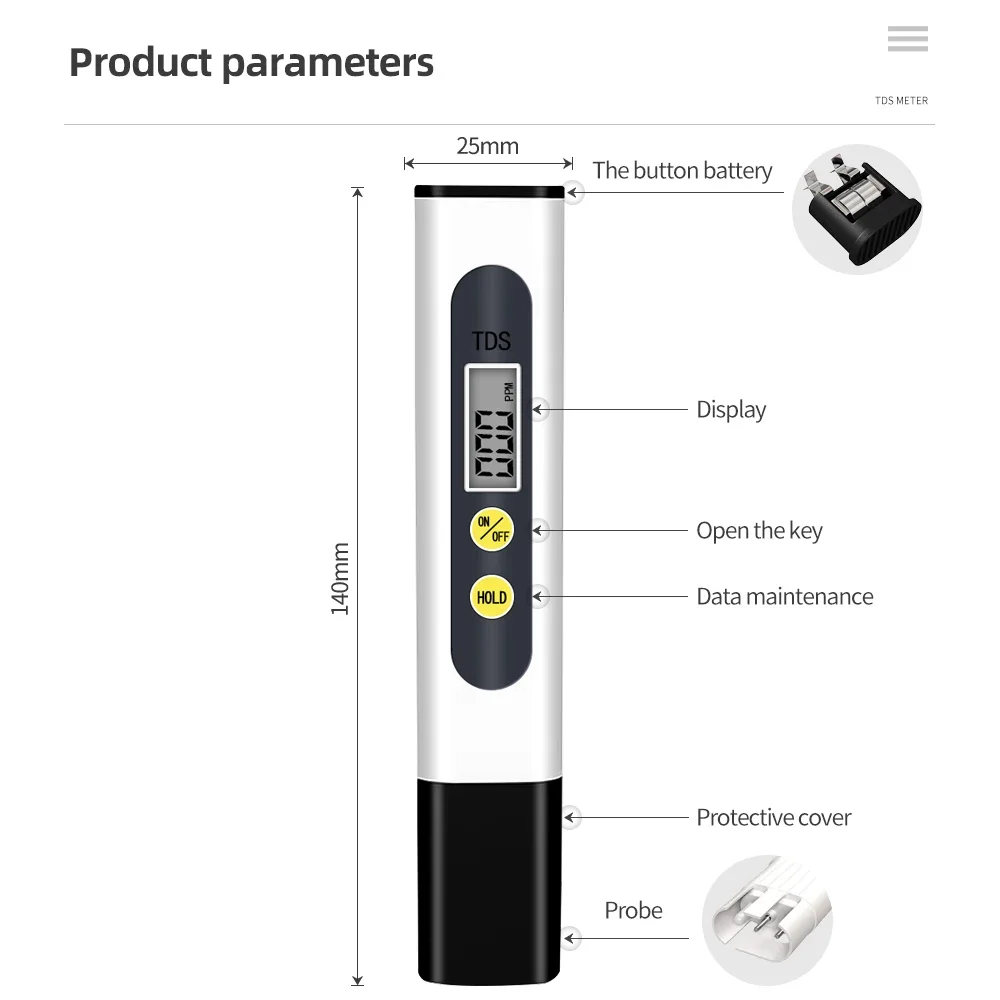 Portable TDS Meter LCD Digital Water Quality Tester 0-990PPM TDS Test Pen Water Purity Detector for Drinking Pool Aquarium
