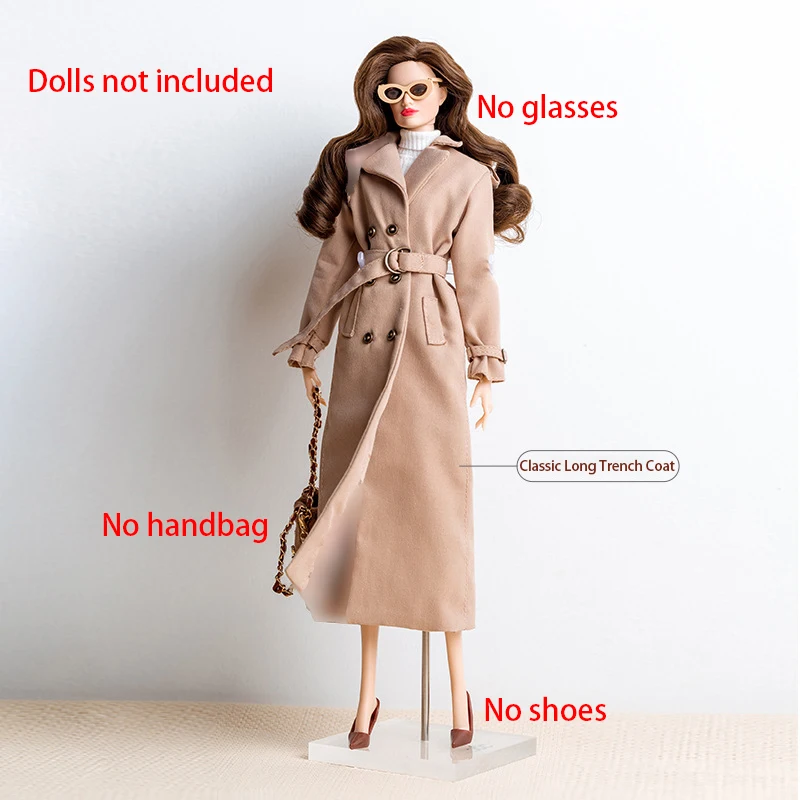 1／6ドールドール用のベージュのクラシックなロングトレンチコート。ダブルブレストのフロント、ベルトディテール、フリル付きのカフが特徴の秋冬レトロジャケットコートセット。
