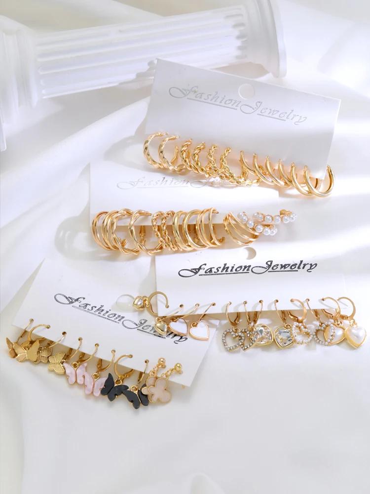 23 Pcs Gold Color Hoop Earring Set for Women Boho Vintage Butterfly Heart Pearl Circle Dangle Earrings New Trendy Jewelry Gifts