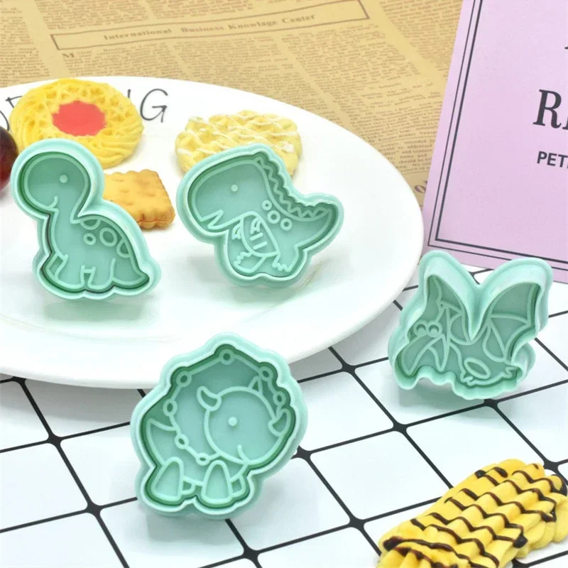 4Pcs Dinosaur Biscuit Embosser Stamp Mold Cartoon Animal Pattern Cookie Cutter Dessert Baking Mold Fondant Cake Decorating Tools cookie cutter baking mold cookie mould cookie printing mold baking decorating tools