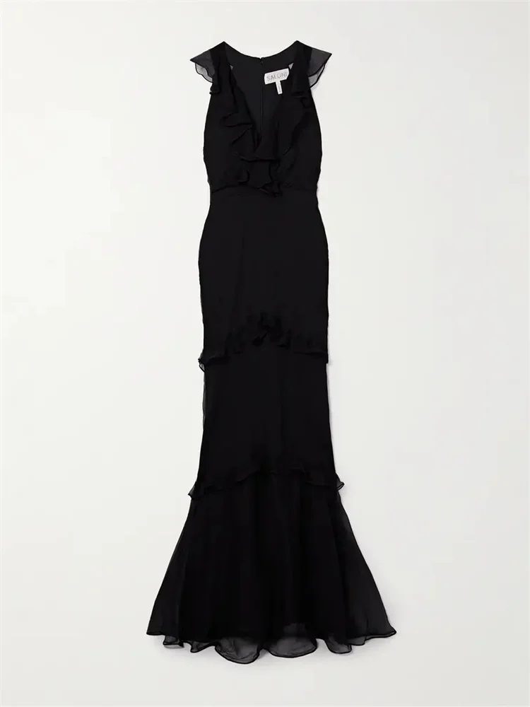 LE GALI Womens Black Zippered Tie Ruffled Sleeveless V Neck Mini Evening Fit + Flare Dress main image 1