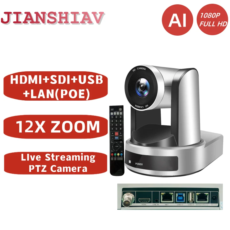 1080P PTZ Camera HDMI 12x Optical Zoom SDI IP Live Streaming Camera PoE Supports vMix OBS Wirecast for Church services Youtube