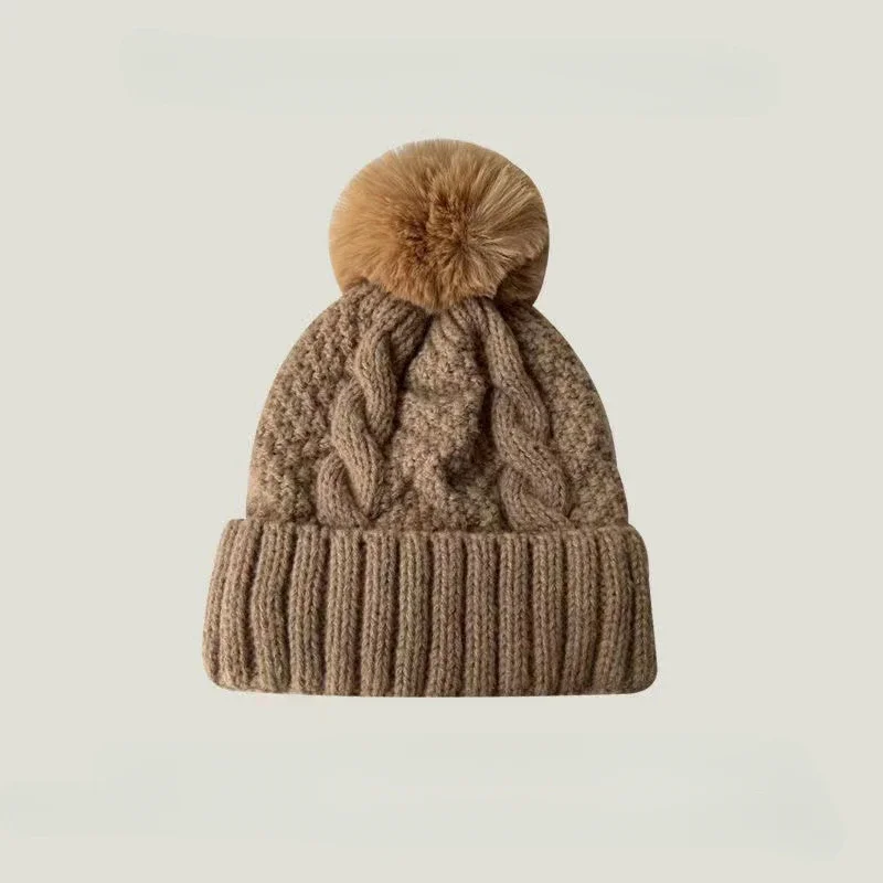 Winter Twist Knitting Hats Warm Fur Pompom Thick Plush Cap Beanies Solid Ladies Versatile Ski Snow Skullies Beanies Velvet Hat 5
