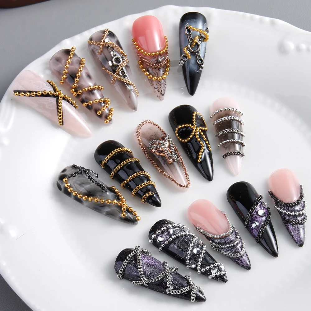 Goldene Stahlkugelkette 3D Nagelschmuck Gemischte Perlen Strass Nagelsteine Y2K Retro Charm Nageldekoration Nagelstudio-Zubehör – Detail 2