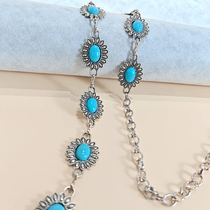 Retro Silber Bohemian Damen Taillenkette Gürtel Luxus Designer Blaue Edelstein-Kette Western Cowboy Röcke Kleider Jeans Gürtel – Detail 6