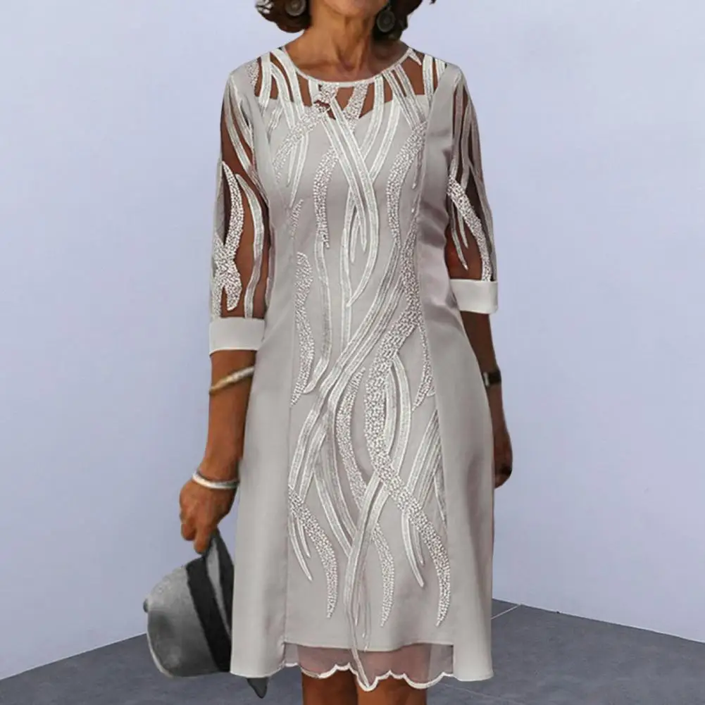 

Fake Two Piece Lace Splicing Midi Dress Perspective Lace Stitching Elegant Women Evening Dress Casual Short Sleeve Vestidos