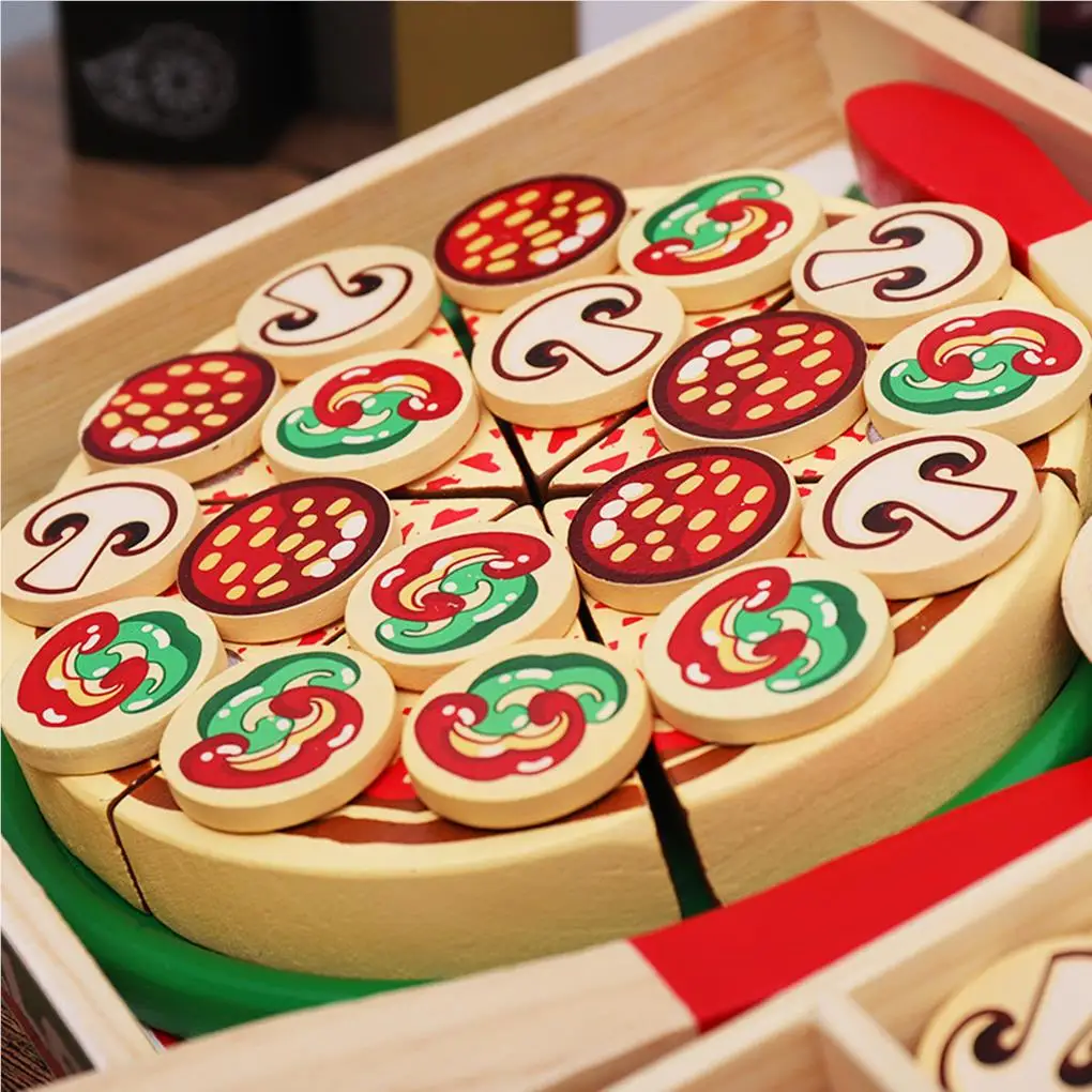 Wood Pizza Toy Educational Food Set Simulation Kids Children Pretend Cooking Early Education Party Supplies Building Puzzles