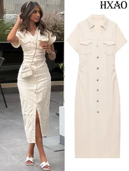 HXAO Denim Women's Dress Button Off White Short Sleeve Midi Dresses Summer New Denim Long Dresses Office Elegant Female Clothing 1