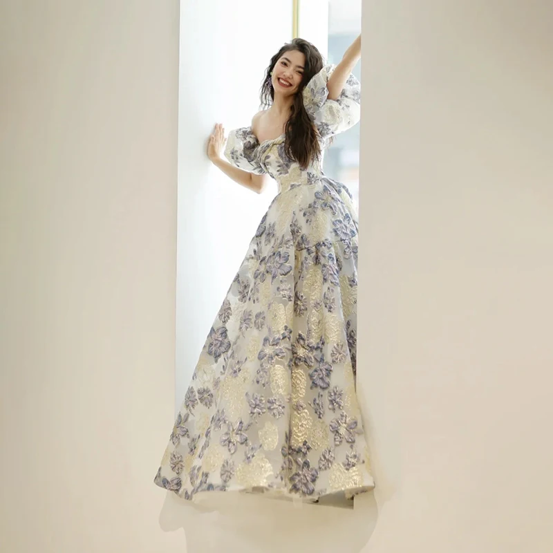 Женское платье с трехмерным цветочным принтом, ТРАПЕЦИЕВИДНОЕ приталенное платье с пышными рукавами и воротником-стойкой для свадебной вечеринки Женское платье с трехмерным цветочным принтом, ТРАПЕЦИЕВИДНОЕ приталенное платье с пышными рукавами и воротником-стойкой для свадебной вечеринки