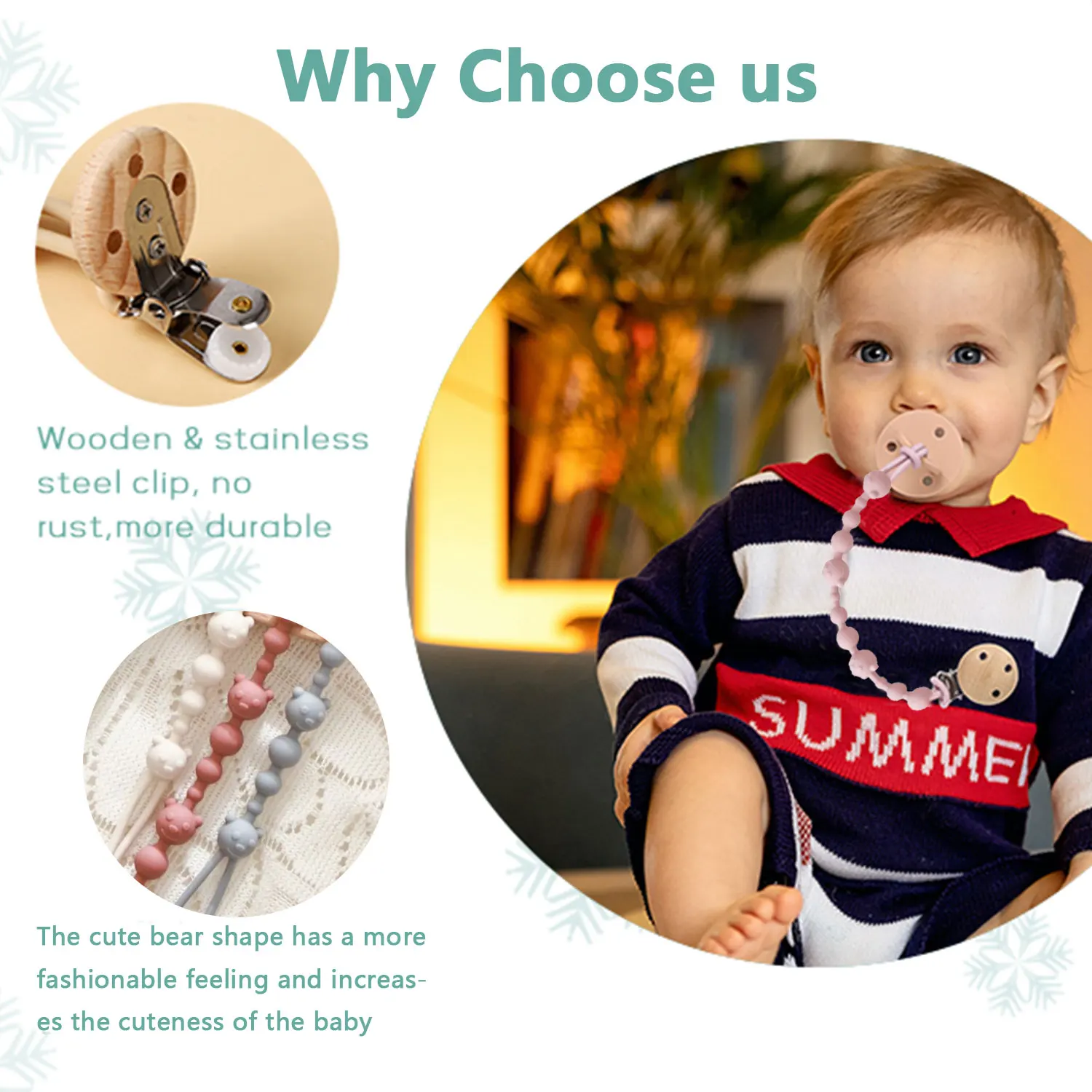 Baby Pacifier Anti-Chain Stroller Teeth Anti-Loss Bear Chain Silicone Pacifier Clip Toy Bite Glue Lappet