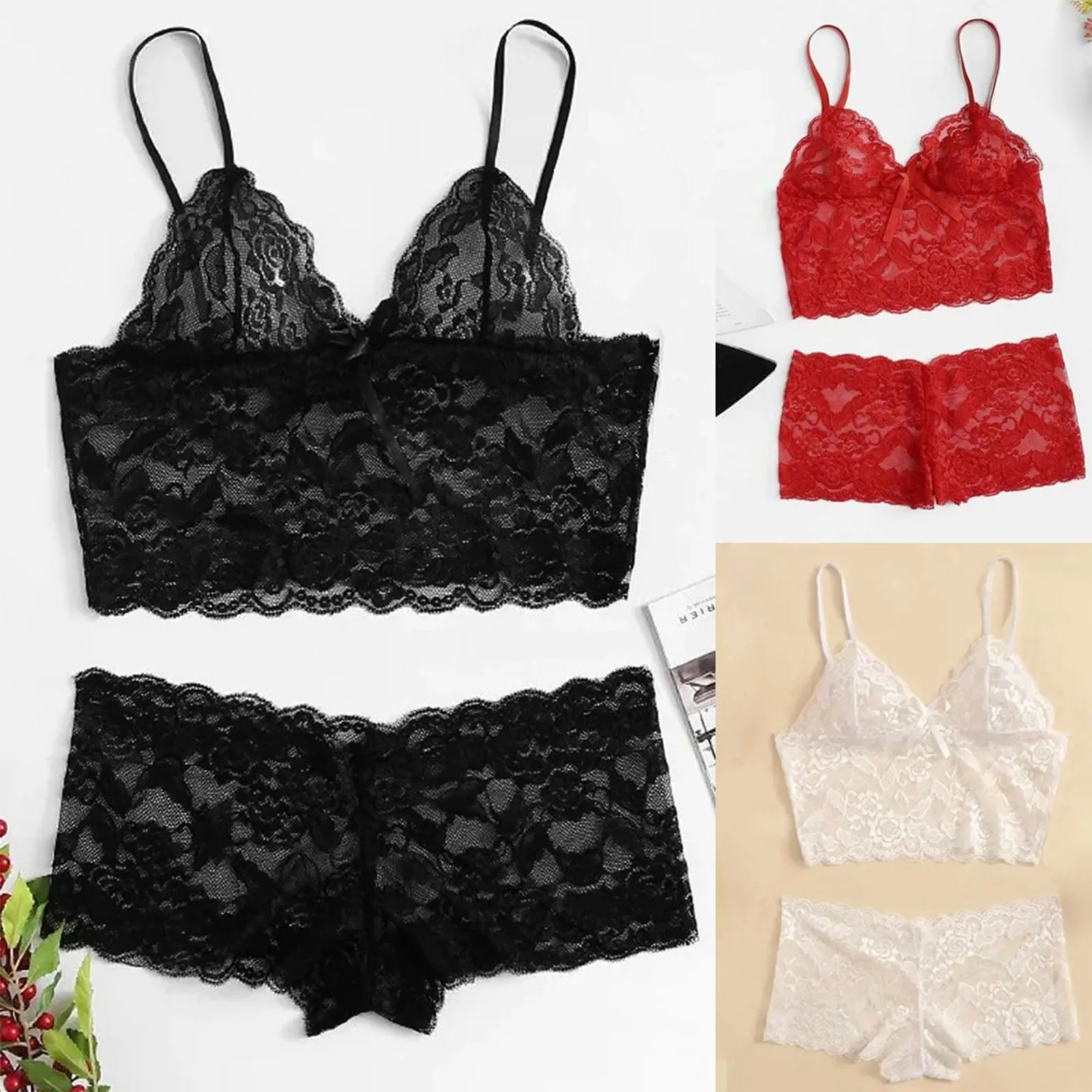 Sexy Women Lace Bra Briefs Lingerie Underwear Pamas Camisole Sleepwear Set Нижнее Белье Женское Ensemble Femme 2 Pièces_voghion.com