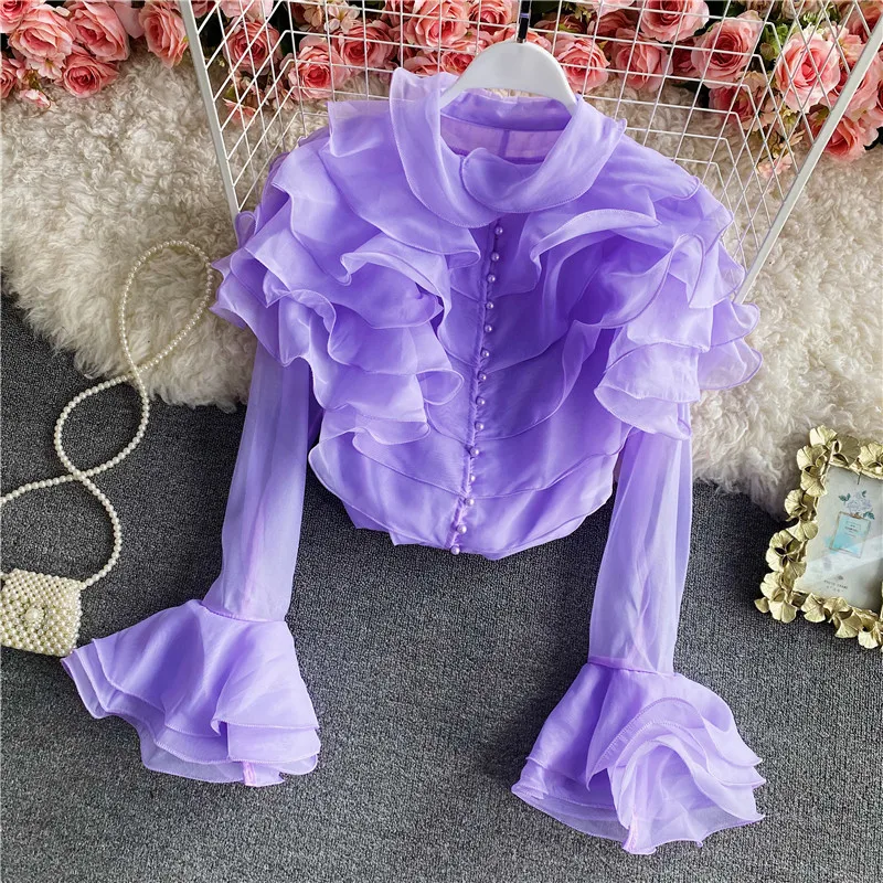 

Spring Summer New French Court Style Super Fairy Layer by Layer Ruffle Organza Shirt Female Perspective Flare Sleeve Top Blouse