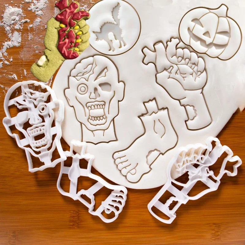 Halloween Zombie Cookie Cutter Mold 3D Pumpkin Witch Black Cat Fondant Embosser Stamp for Pastry Dough Cake Decorating Tools