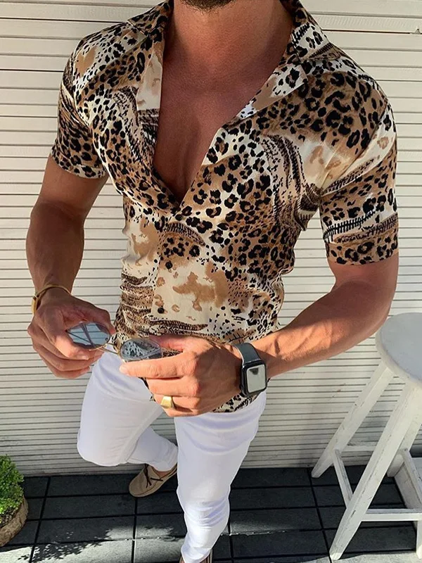 

Leopard Print Suit Collar Large Casual Top Short Sleeved Shirt