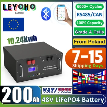 EU STOCK 48V 200Ah 100Ah LiFePO4 Battery 6000 Cycle 51.2V Lithium Solar Energy Storage AKKU Built-in 16S Bluetooth RS485 CAN BMS