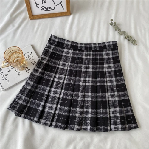 Korean Style Plaid Pleated Skirt Female Spring and Autumn High Waist Thin A-line Short Skirt Student Woolen 2022 NewSummer Skirt Large black grid
