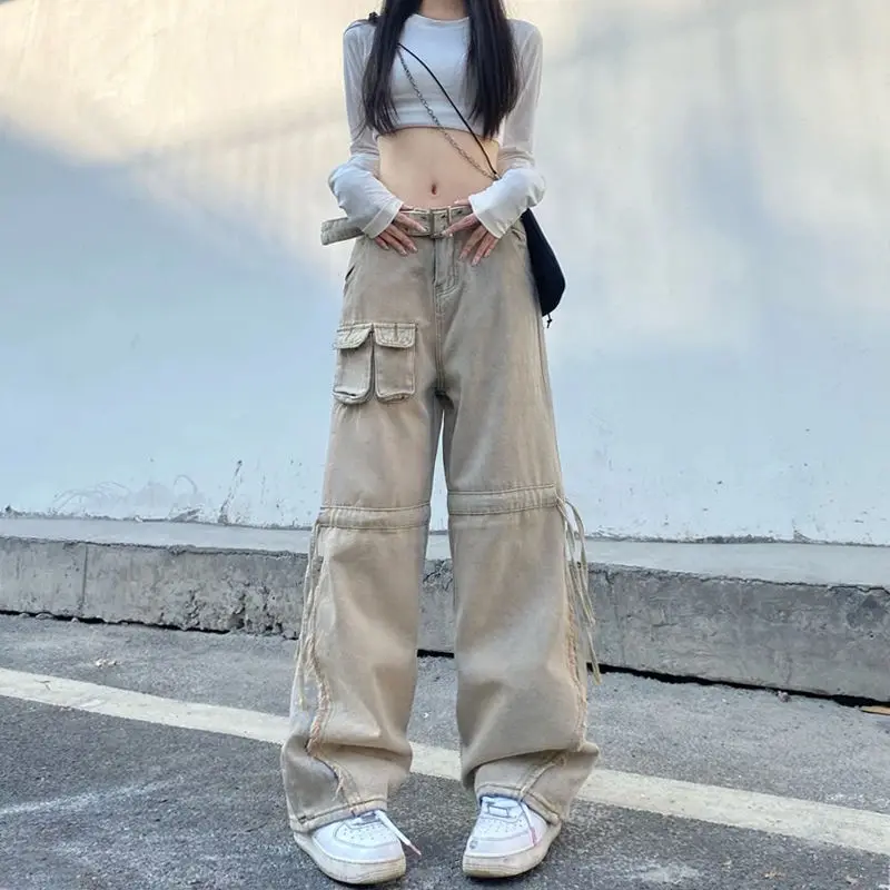 

New Fashion High Quality Large Size Old Straight Casual Tooling Jeans Women's Loose High Waist Wide Leg Daddy Jeans Tide