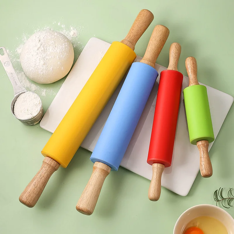 

Silicone Rolling Pin with Wooden Handle, Non-stick Cake Dough Roller, Household Kitchen Pastry, DIY Cooking Baking Suppl