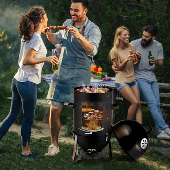 Vertical Steel Charcoal Smoker, Heavy Duty Three Layer Round BBQ Grill Smokey Mountain Cooker for Outdoor Cooking 4