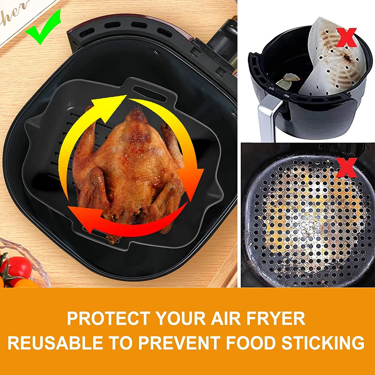 2Pcs Air Fryer Silicone Pot Liners 7.5 inch Hot Air Fryer Accessories Airfryer Baking Mould Reusable Non-Stick Square Tray