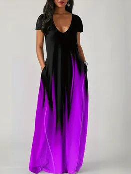 European and American new summer loose print casual women's pocket long dress 1