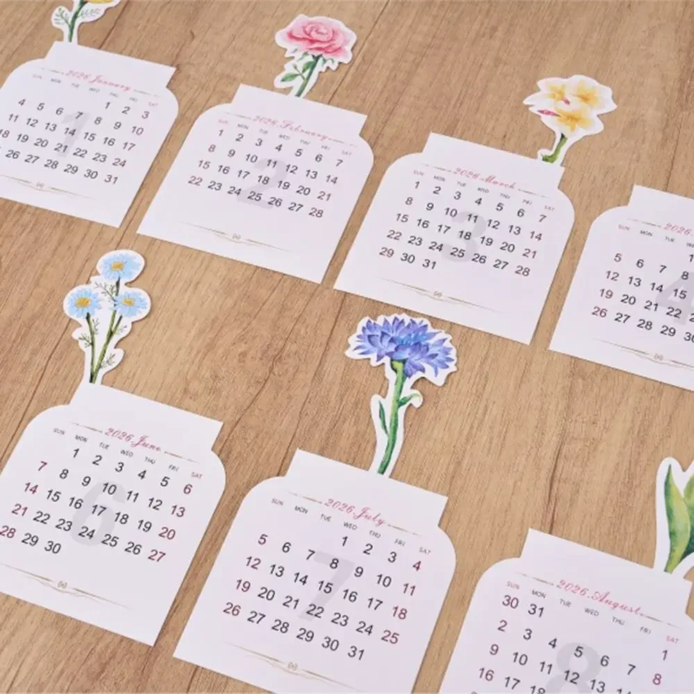 나무 받침대 2026 데스크탑 캘린더 탈착식 받침대 꽃 테마 블루미 플라워 데스크 캘린더 날짜 표시 꽃병 모양