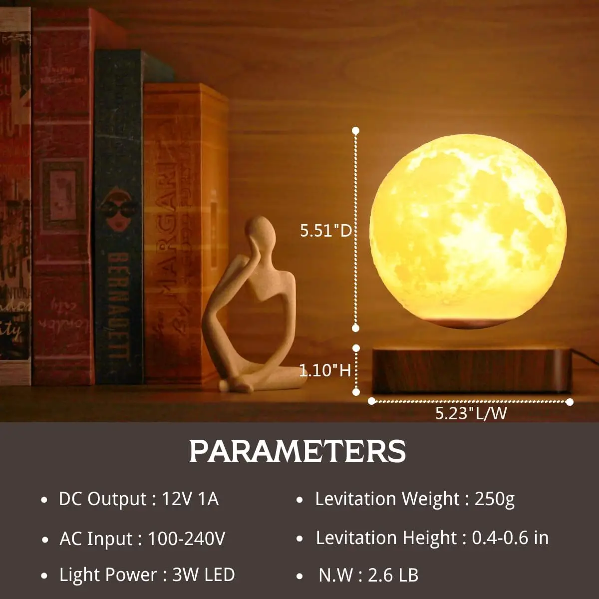 Levitating Moon Lamp, Magnetic Floating Moon Lamp Spinning Luna Night Light with 3 Color Modes, for Home Office Desk Decor, 5