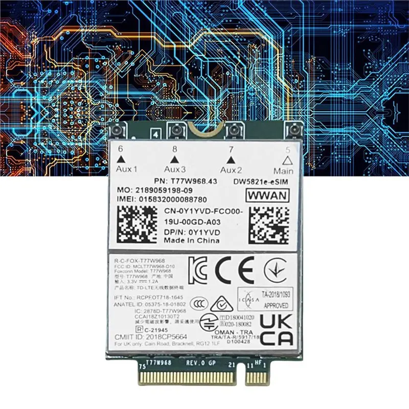 A23F-T77W968 Dw5821e E-SIM 4G LTE 모듈 CAT16 1Gbps FDD-LTE TDD-LTE E-SIM 4G 카드 모듈 키트(델 5420 5424 7424 7400용)