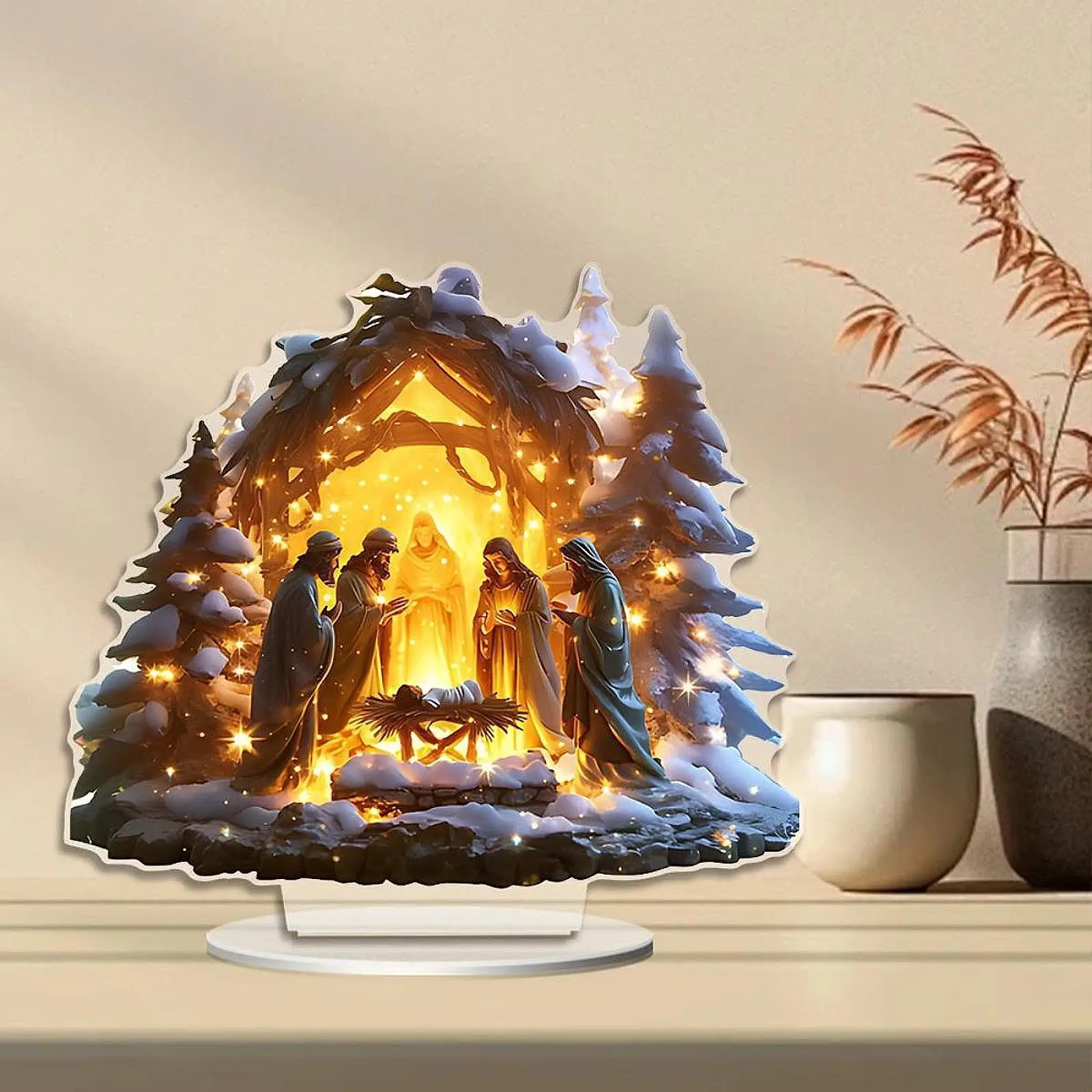 Christmas Nativity Scene Figurine Acrylic Statue Collectible Snow House Decorative Holy Family Table Ornament for Holiday