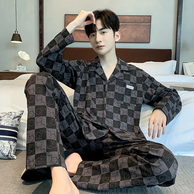 100% Cotton Pijama for Men 2 Pieces Lounge Sleepwear Pyjamas Plaid Spring Bedgown Home Clothes Man PJs Pure Cotton Pajamas Set