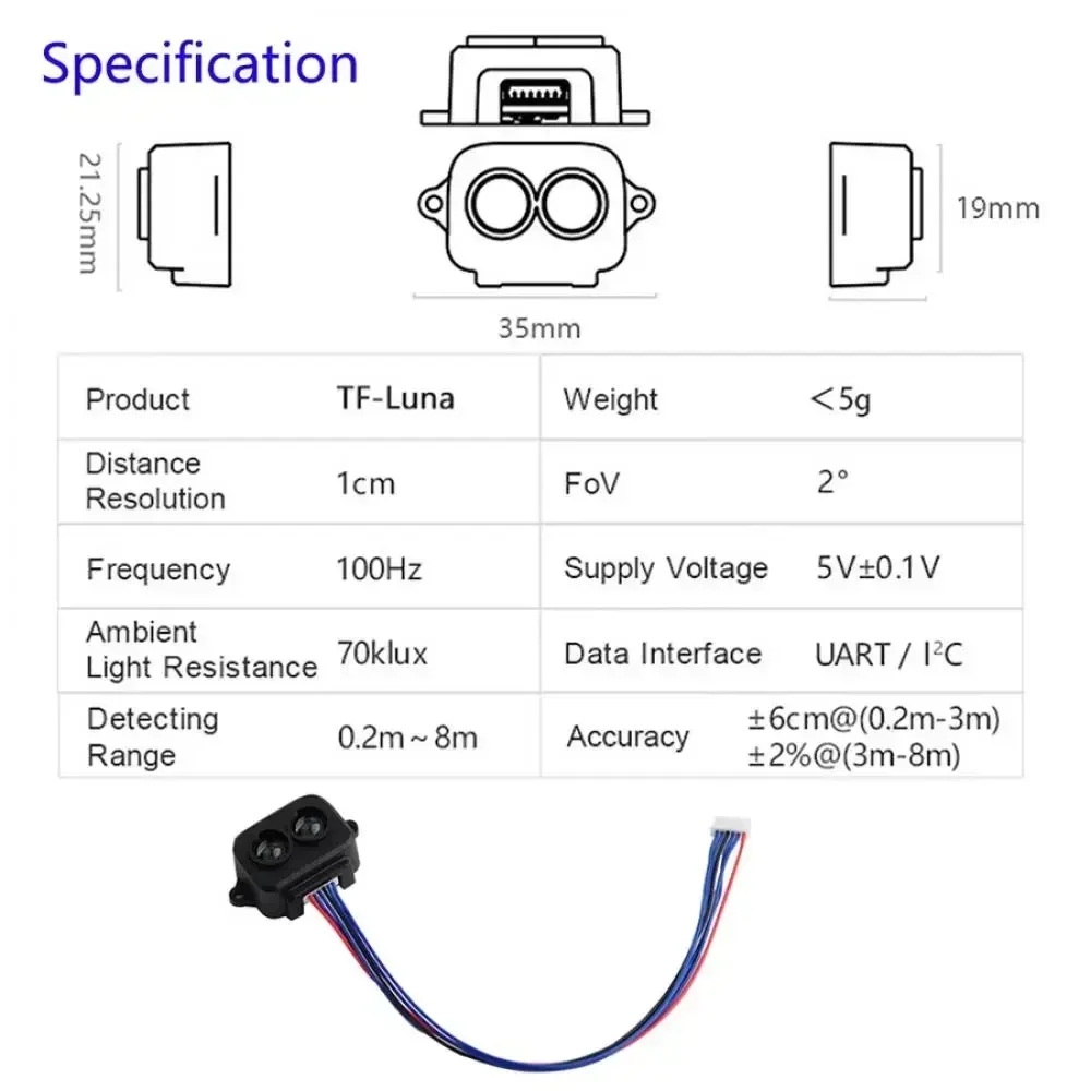 1/2/4PCS TF Luna Lidar Ranging Sensor Module Range Finder Sensor UART/IIC Single-Point Micro Ranging Module for Arduino Pixhawk 3