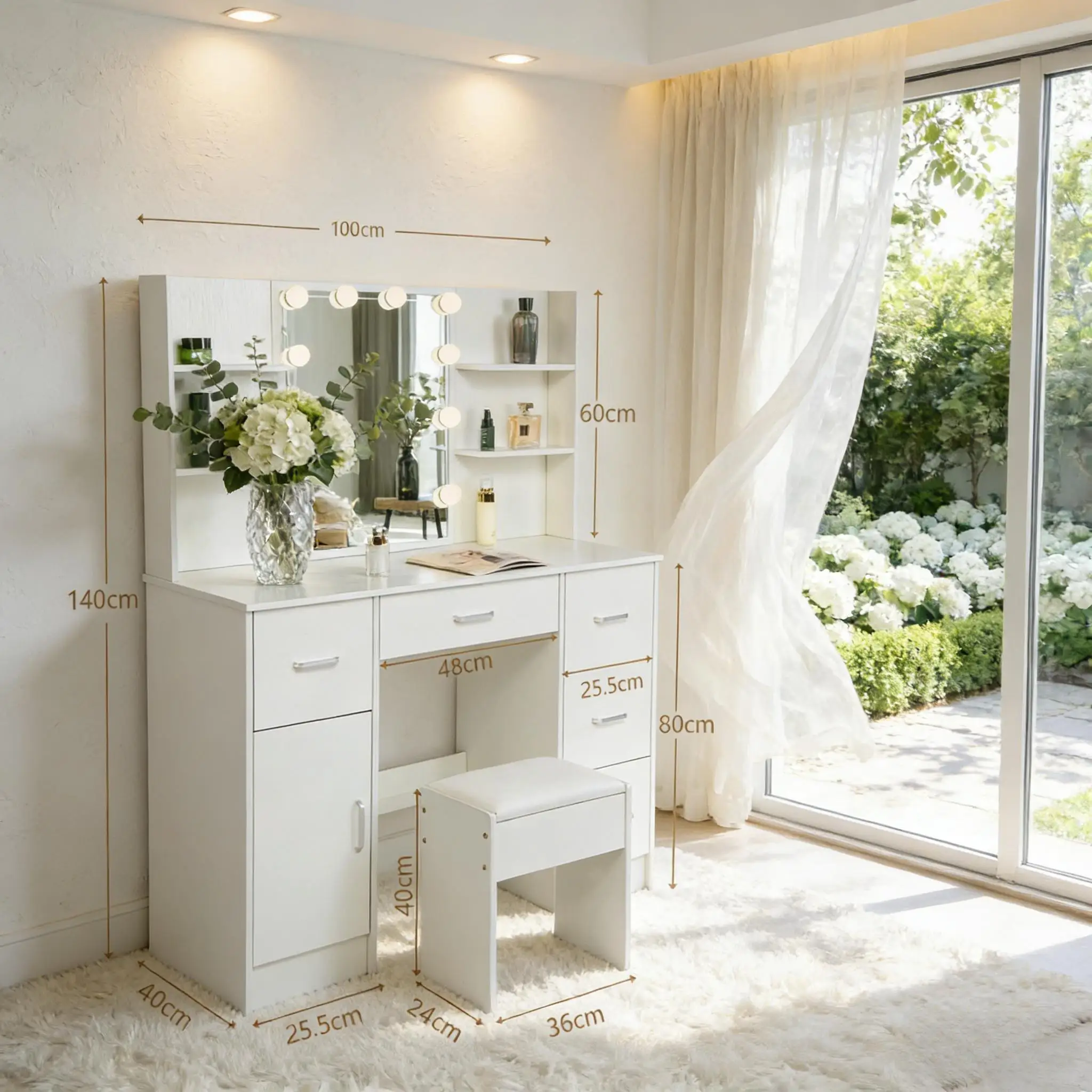 White Light Luxury Led Vanity Dressing Table with Hd Mirror, 5 Drawers & Stool, 3 Color Dimmable, Easy Assembly Makeup Desk