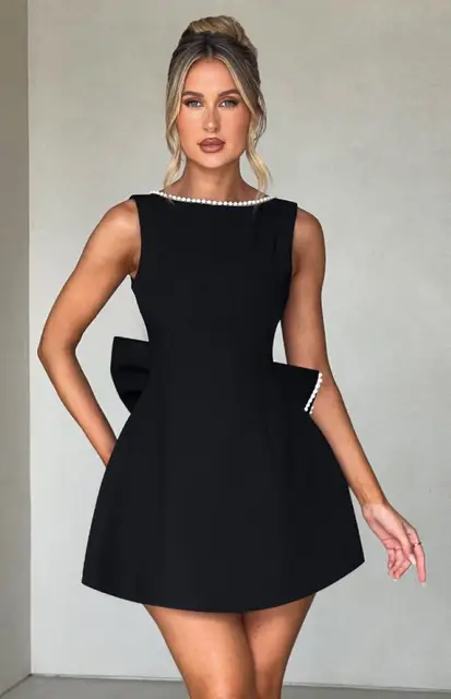 113291-0f264f.jpg Robe Courte Chic à Nœud Perlé pour Femme, Mini-Robe Décontractée Dos Nu, Blanc, Noir, Rose, pour Invitée de Mariage, Demoiselle d'honneur, Anniversaire, Été