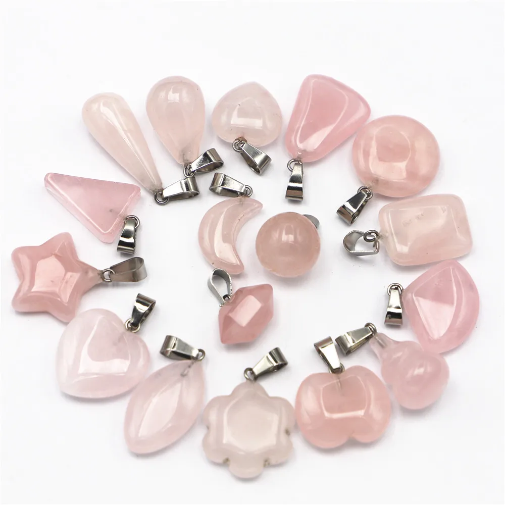 Fashion Natural Rose Quartz Stone Crystal Heart Fan Pendants Charms Waterdrop Gourd Star Moon for Women Jewelry Making 30PCS