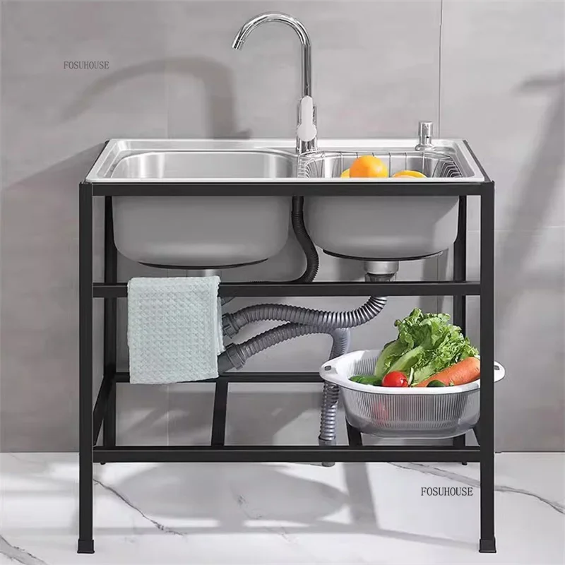 Thickened Stainless Steel Kitchen Sink with Bracket Single Bowl Double Bowl Dish Washing Sink Home Floor Vegetable Washing Basin 2