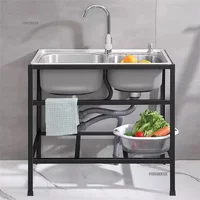 Thickened Stainless Steel Kitchen Sink with Bracket Single Bowl Double Bowl Dish Washing Sink Home Floor Vegetable Washing Basin 2