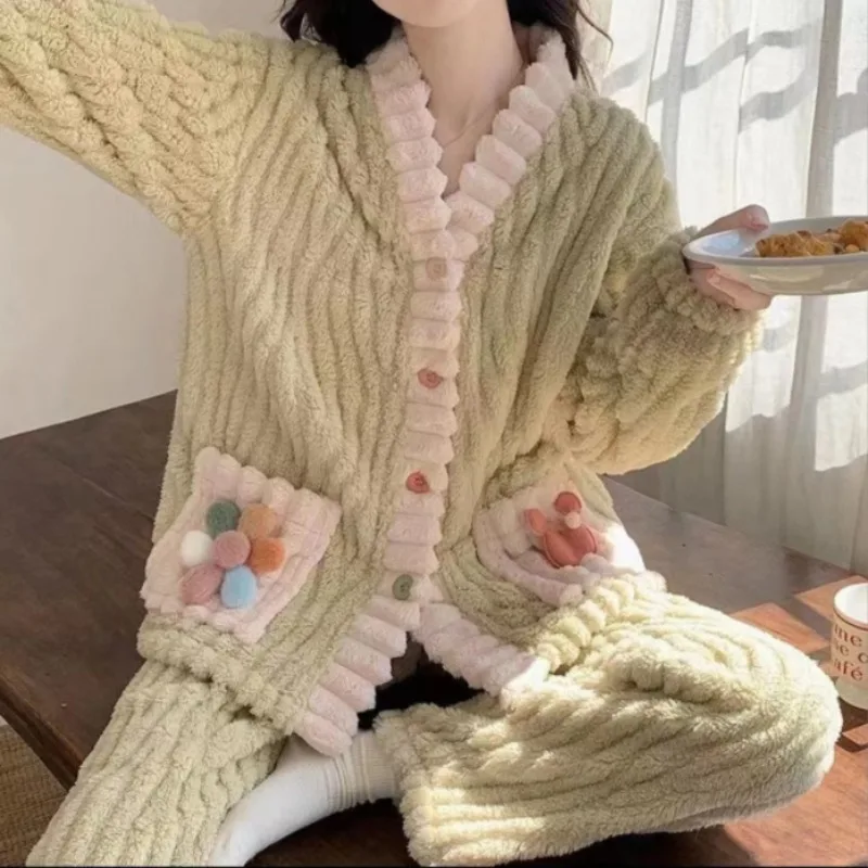 Robes Women Solid Single Breasted Thick Loose Winter Warm Homewear Simple Leisure Lounge Popular College V-neck Feminino Cozy