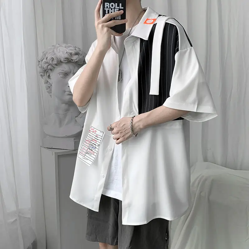 Men Shirts Turn-down Collar Button Patchwork Asymmetrical Short Sleeve Loose Fashion Streetwear Summer Thin