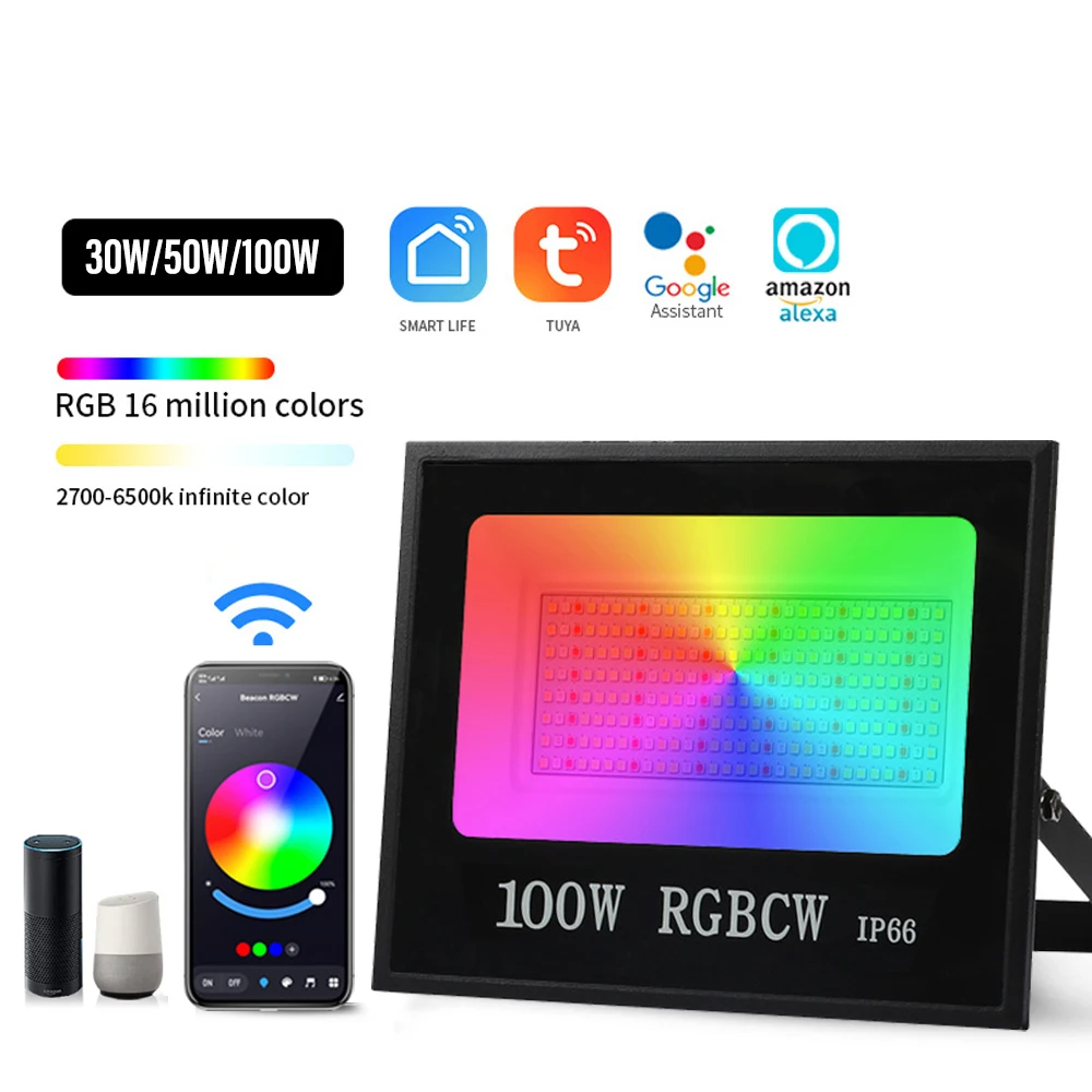 RGBCW LED Smart Flood Light, IP66 Outdoor Flood Light Landscape Courtyard Exterior Wall Reflective Spotlight for Xmas Decoration