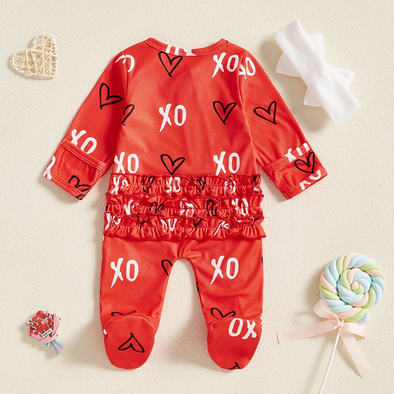 Pudcoco Baby Girls Valentine's Day Jumpsuit Long Sleeve Round Neck Letter Heart Print Oblique Zipper Romper with Headband