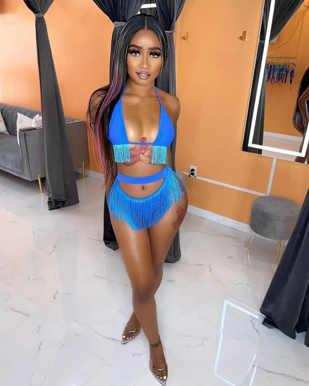 Women Summer Beachwear Bathing Suits Set INS Female Sexy Halter Bra & Pantie Tassel Bikini Swimsuit Set