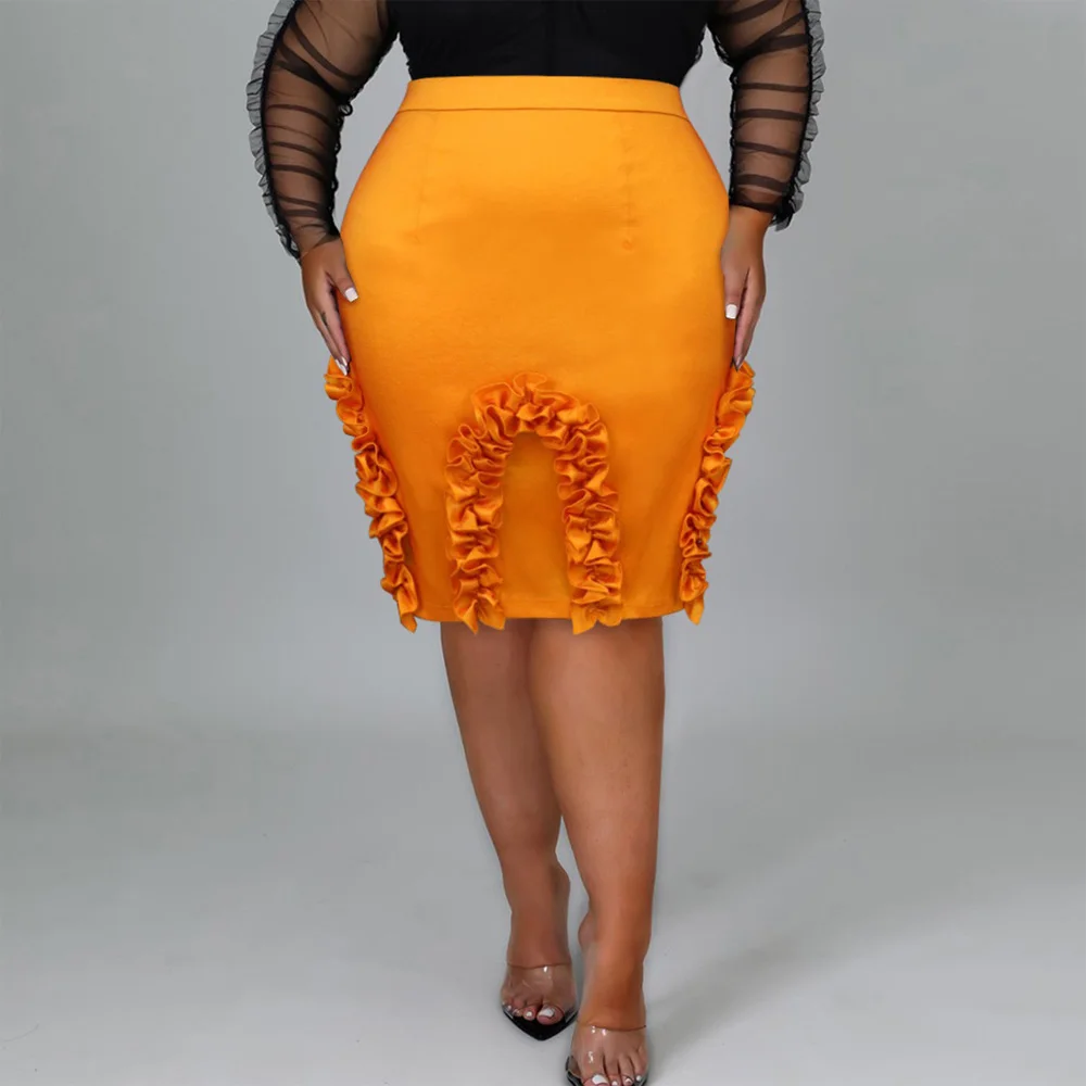 

Elegant Bodycon Orange Skirts For Women High Waisted Ruffles Sheath Package Hips Mid Calf Luxury Birthday Party Dinner Skirts