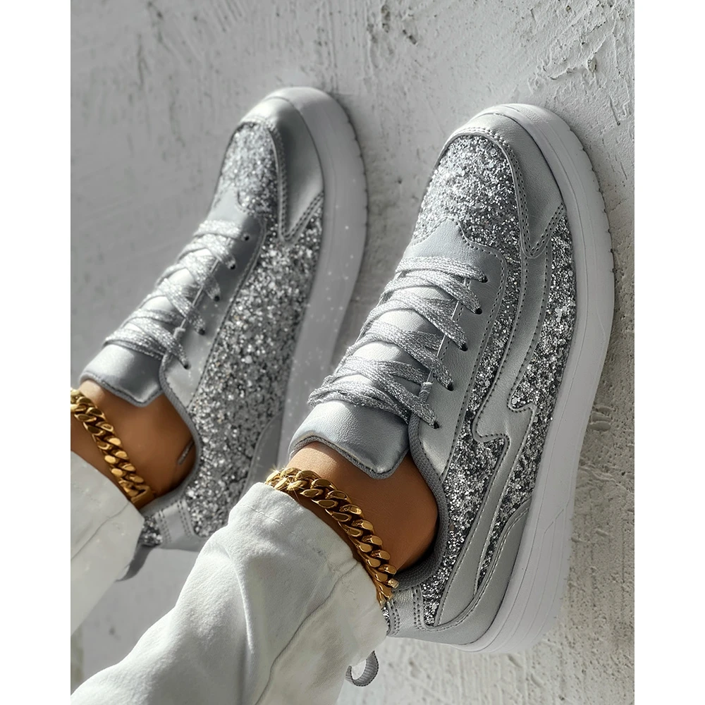 2024 Women Bling Bling Sequins Decor Lace-up Flats Sneakers Daily Casual Round Toe Sports Shoes Spring Going Out Basket Sneakers