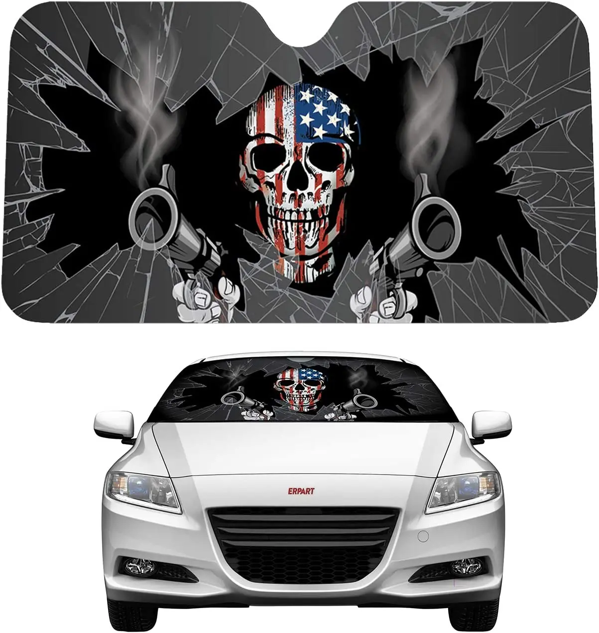 

ERPART Patriot Skull Shot Pistol Reflective Sunshade Compatible Car Truck SUV Front Windshield Window Sunshade Universal