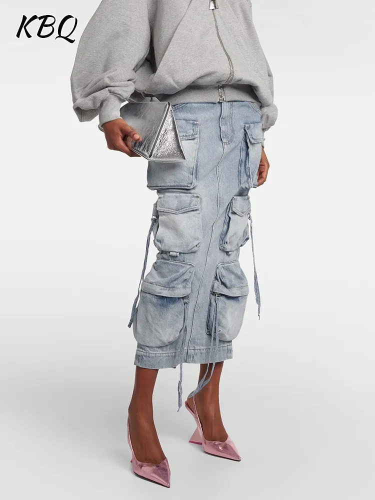KBQ Patchwork Pocket Solid Denim Skirt For Women High Waist Spliced Button Loose Split Casual Skirts Female Fashion Clothing New