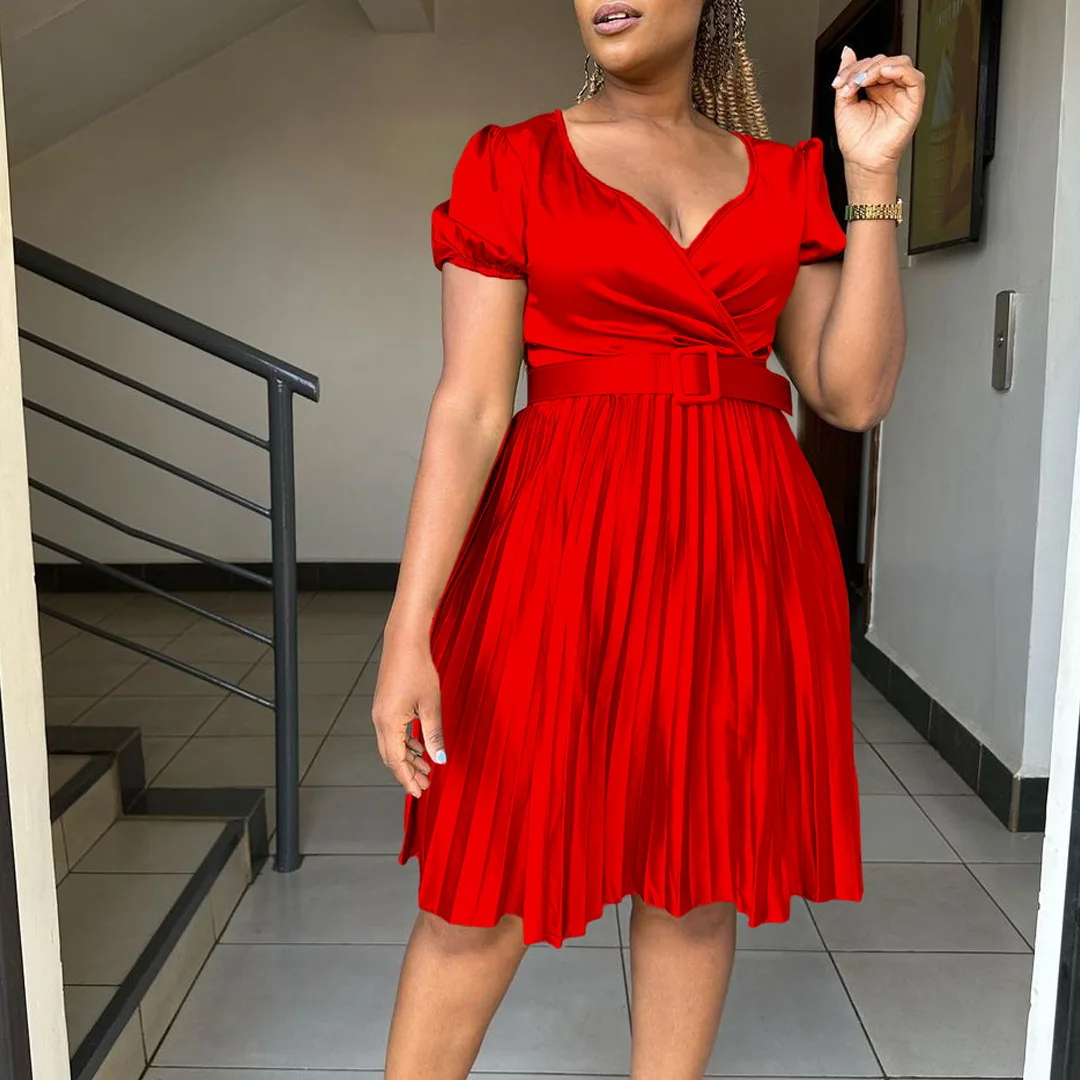 Plus Size Elegant Women Dress Ruffle Solid Belt V Neck Club Outfit Casual Luxury Gown 2023 Summer Evening Party New In Dress