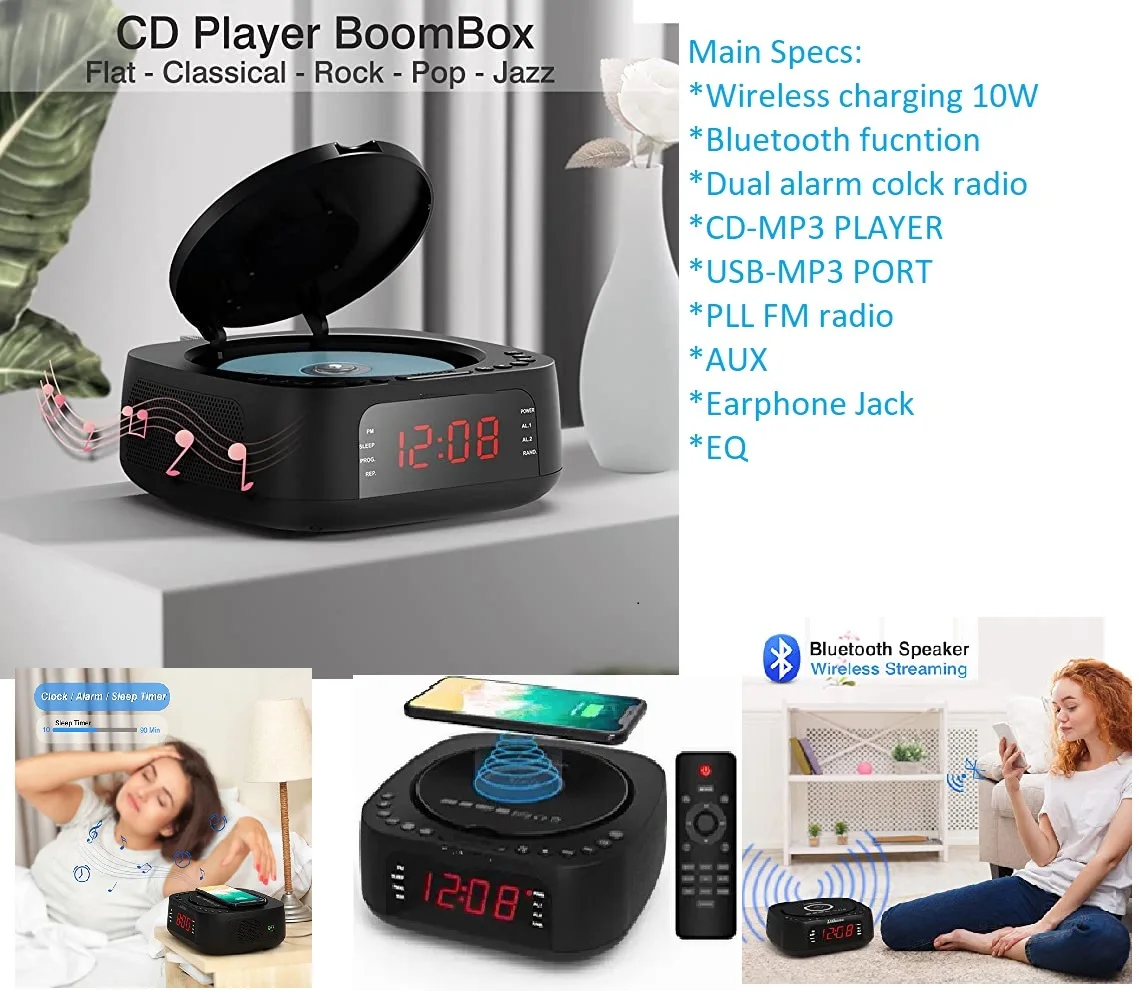 CD/DVD Player Alarm clock Bluetooth Speaker Wireless charging LED display EARPHONE JACK & AUX -IN Dural stereo speaker