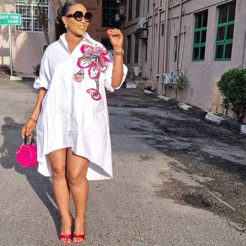 

Casual Shirt Dress Women Plus Size Ladies Cotton Button Lapel Blouses And Tops Shirts Dresses Elegant Loose Top Womans Clothing